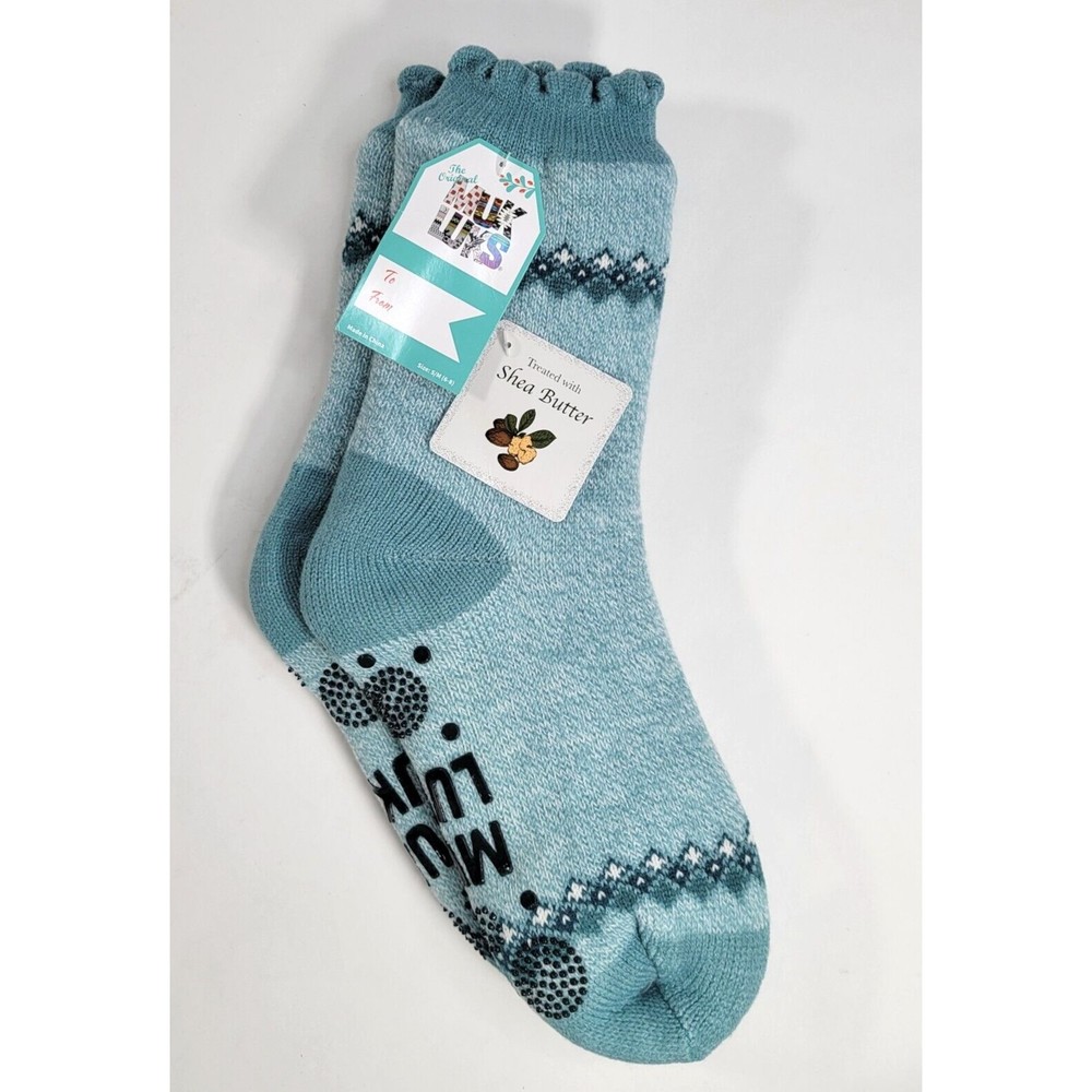 Muk Luks Teal Blue Shea Butter Faux Shearling Cabin Slipper Socks S/M 6-8 NEW